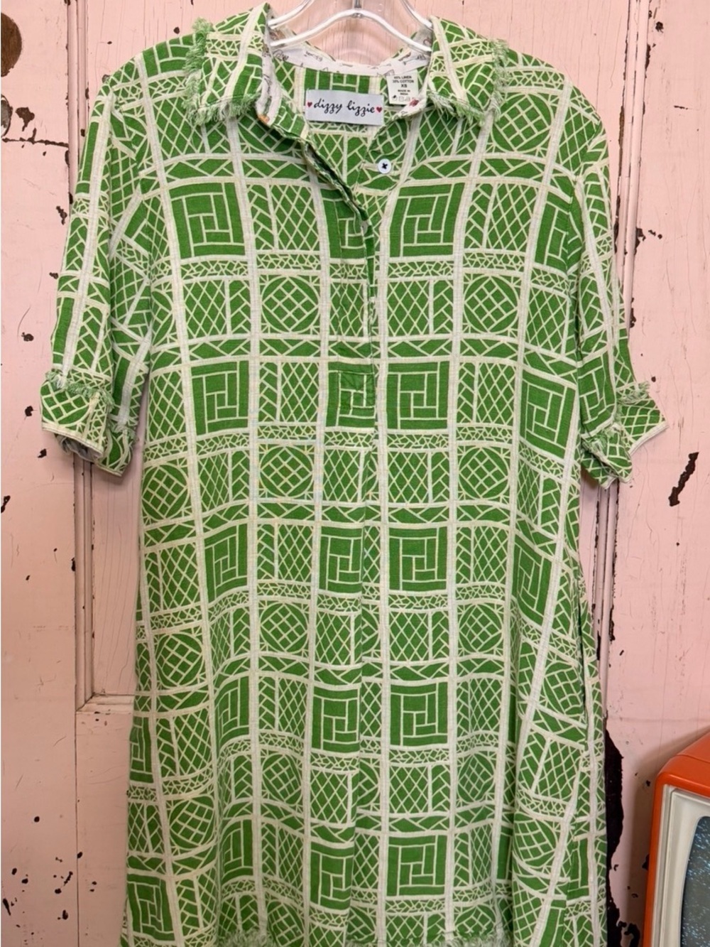 DIZZY LIZZY Green Geometric Print Mini Dress Cotton Linen